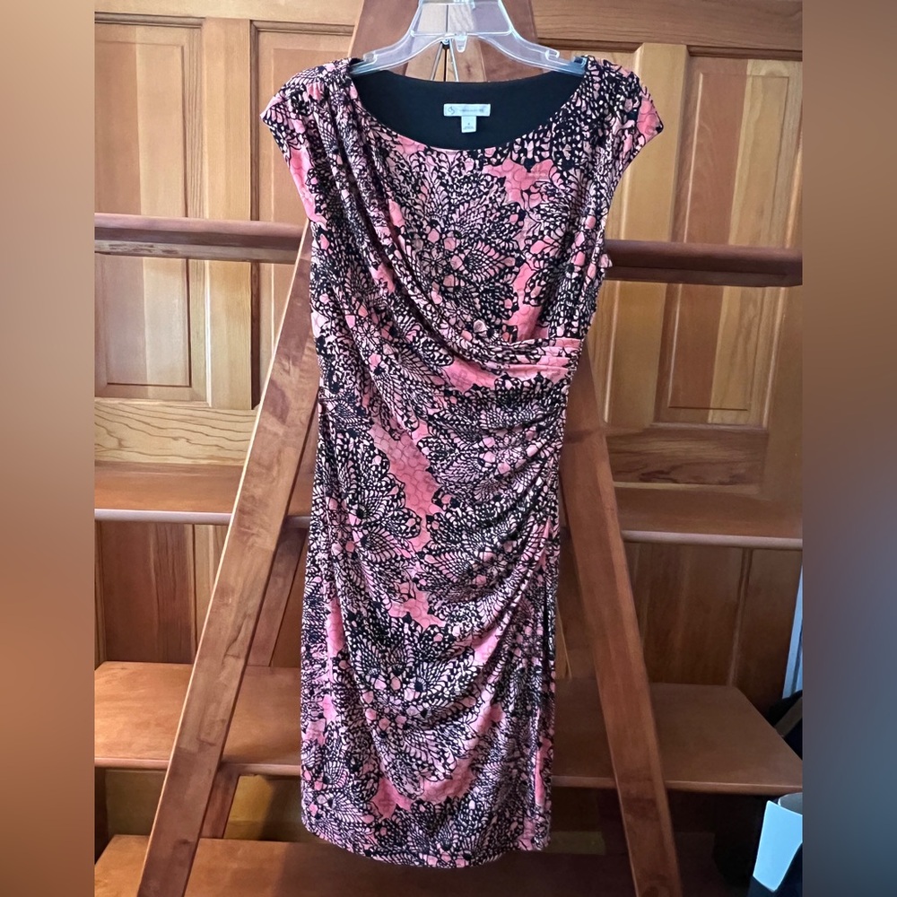 Dressbarn Pink & Black Lace Print Ruched Sheath Dress Size 4